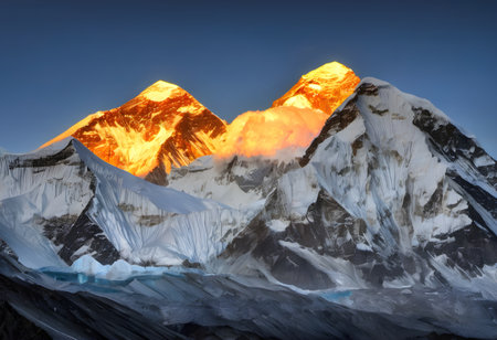 Mount Everest and Nuptse at sunrise, Everest Base Camp, Nepalの素材