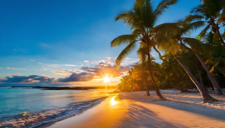 Tropical beach with coconut palm trees at sunset. Nature backgroundの素材