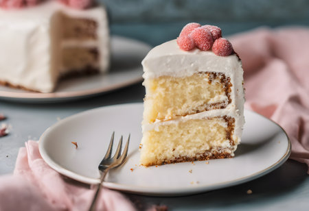 Piece of cake with raspberries on a plate, closeupの素材