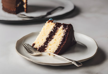Slice of chocolate cake on a white plate with a fork.の素材
