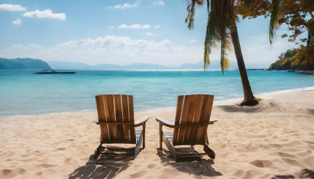 Two wooden deck chairs on the tropical beach. Seascape.の素材