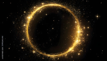 Golden circle with sparkles on a dark background. Vector illustration.の素材