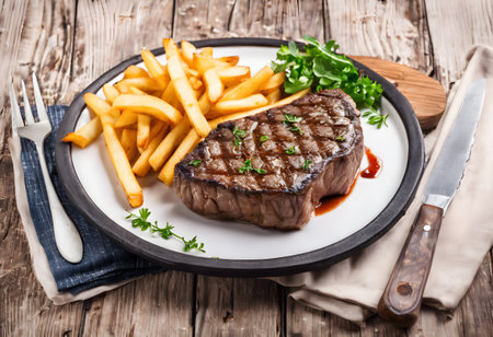 Grilled beefsteak with french fries and parsley on wooden backgroundの素材