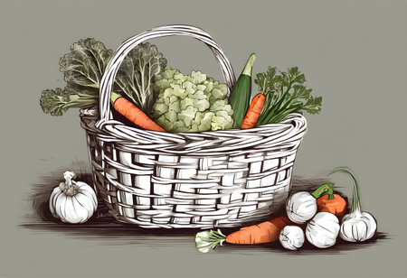 Basket full of fresh vegetables on gray background. Vector illustration.の素材