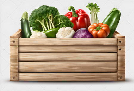 Wooden box full of fresh vegetables on white background. Vector illustration.の素材