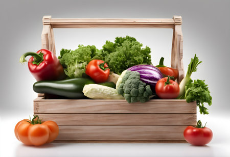 Wooden box full of fresh vegetables isolated on white background. 3d illustrationの素材