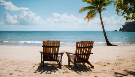 Beach chairs on the beach. Vacation and travel concept.の素材
