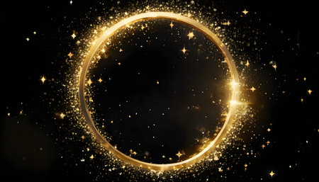 Golden circle with sparkles on a black background. Vector illustration.の素材