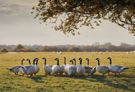 Geese in the meadow in the Netherlands at fall time.の素材