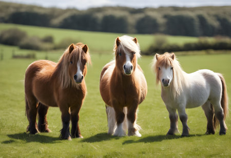 A group of Exmoor ponies standing in a meadow.の素材