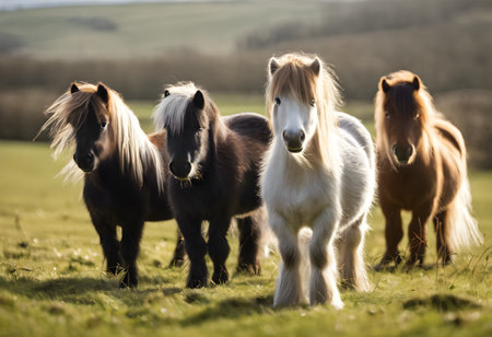 Group of Exmoor ponies standing in a field, UK.の素材