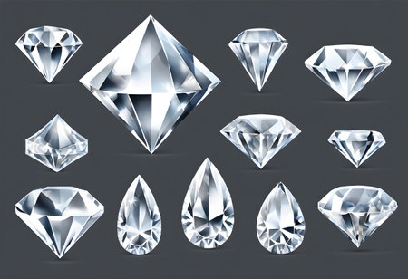 Set of different types of diamonds on a gray background. Vector illustration.の素材