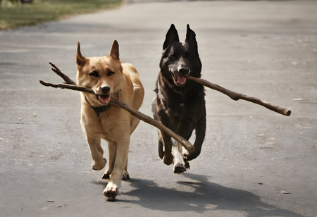 Two dogs playing with a stick at the park. Selective focus.の素材