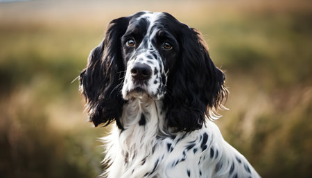 Portrait of a black and white English Springer Spaniel dog.の素材