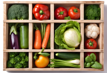 Wooden box full of fresh vegetables isolated on white background, top viewの素材