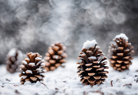 Three pine cones covered with snow on a background of blurred winter landscapeの素材