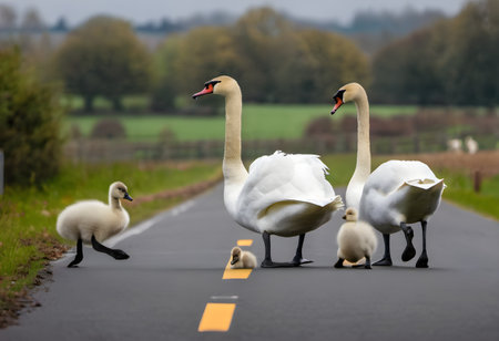 Mute swan family walking on a road in the Netherlands.の素材