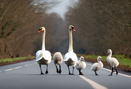 Cygnus olor - family of swans on the roadの素材