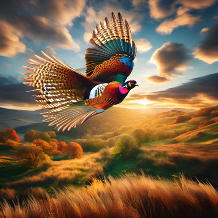 Pheasant flying in the sky at sunset. 3d renderの素材