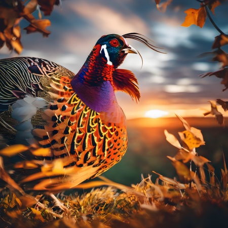 Pheasant in the autumn forest at sunset. Beautiful nature scene.の素材