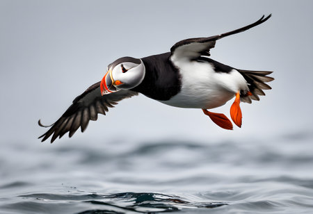 puffin flying (Fratercula arctica) in the seaの素材
