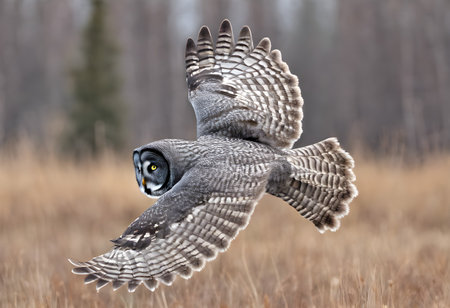Great grey owl (Bubo bubo) in flight.の素材