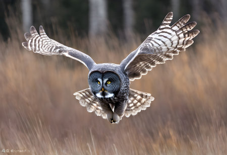 Great Gray Owl (Strix nebulosa) in flight. Wildlife scene from nature.の素材