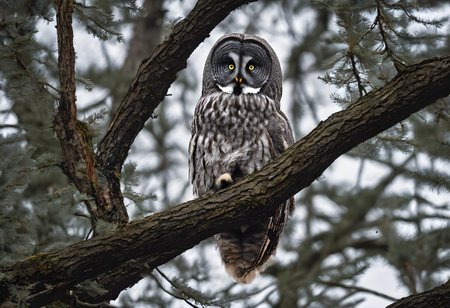 Great Gray Owl (Strix nebulosa) in a treeの素材