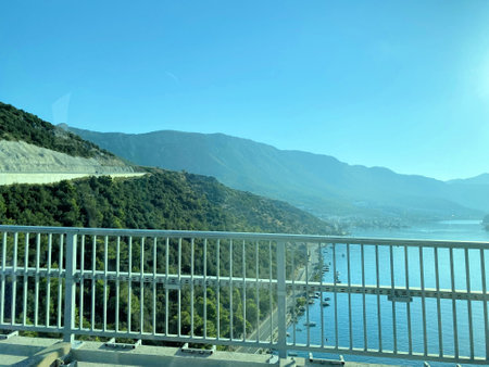 View from the terrace of a hotel on the sea and mountainsの写真素材