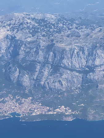 Aerial view of the Mediterranean coast from airplane window. Spain.の写真素材