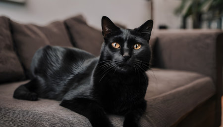 Black cat with orange eyes lying on a sofa in the living roomの素材