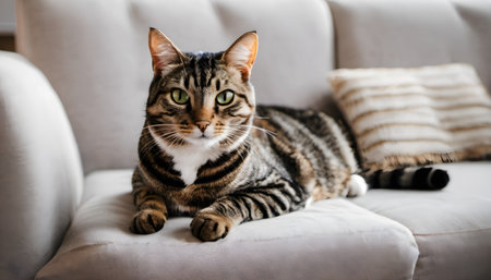 Cute tabby cat sitting on sofa at home and looking at cameraの素材