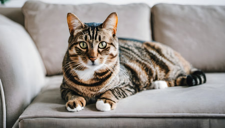 Cute bengal cat lying on sofa and looking at cameraの素材