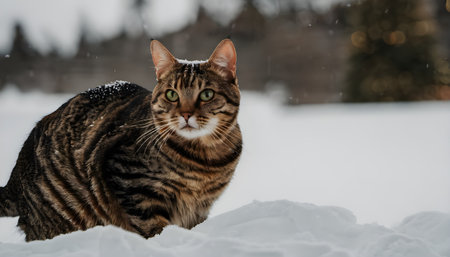 Beautiful tabby cat sitting in the snow on a winter dayの素材