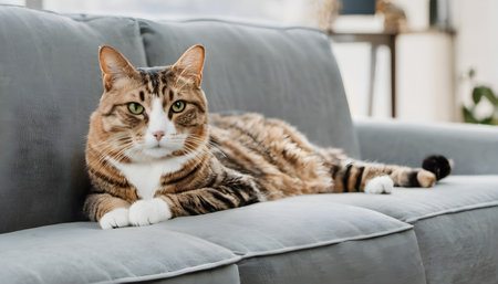Cute tabby cat lying on sofa in living room and looking at cameraの素材