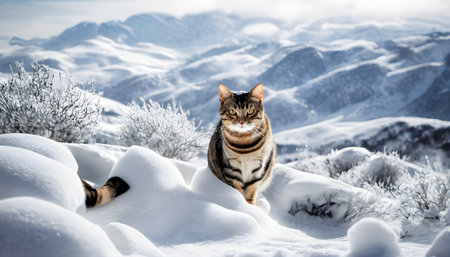 A beautiful bengal cat walks through the snow in the mountainsの素材
