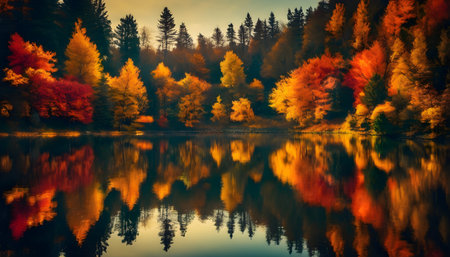 Autumn forest reflected in lake. Colorful autumn forest reflected in lake.の素材