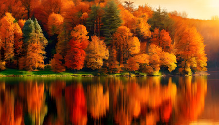 Autumn forest reflected in the lake. Colorful autumn landscape.の素材