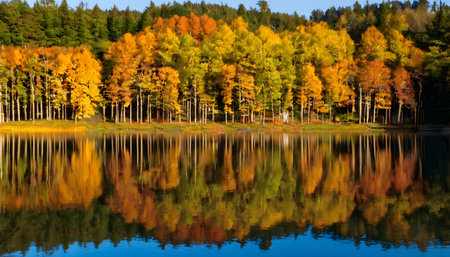 Autumn forest reflected in the water of a lake. Fall colors.の素材