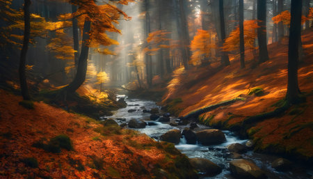Autumn forest with a river in the fog. Colorful autumn landscape.の素材