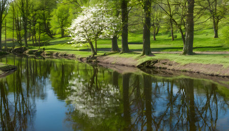 Spring landscape with blooming trees and river. Spring in the parkの素材