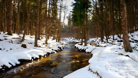 Stream in the winter forest. Winter landscape with a small river.の素材