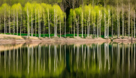 Birches reflected in a lake in springtime, Poland.の素材