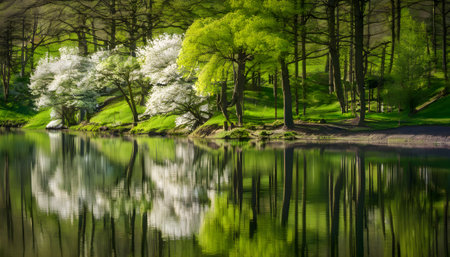 Beautiful spring landscape with a lake and trees reflected in the waterの素材