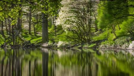 Beautiful spring forest reflected in the lake. Abstract natural background.の素材