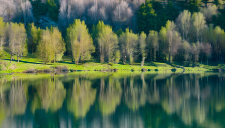 Beautiful lake with reflection of trees in the water. Natural backgroundの素材