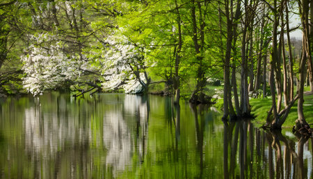 Spring landscape with green trees and reflection in the water of a pondの素材