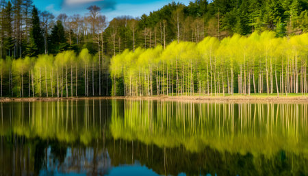 reflection of trees in the lake, spring forest, nature seriesの素材