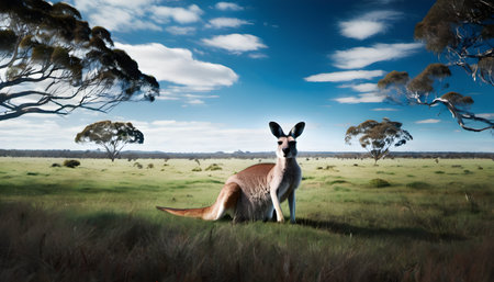Kangaroo in the Australian bush against blue sky with white cloudsの素材