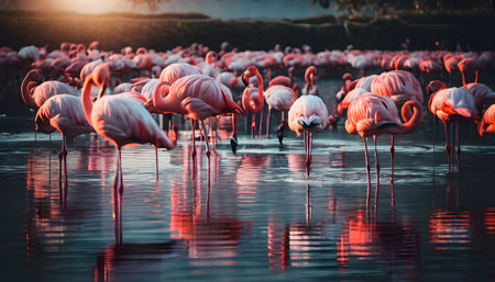 Greater flamingo (Phoenicopterus ruber) in the lakeの素材